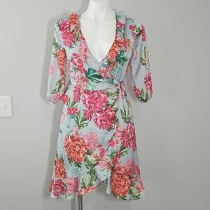 NWT Ella Moon Floral Wrap Mini Dress Size XS Blue Pink Ruffle Hem Summer Boho